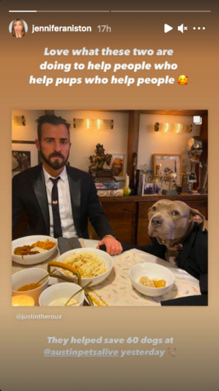 Illustration de l'article : L'actrice Jennifer Aniston salue le travail de son ex-mari, Justin Theroux, avec une association de sauvetage ayant permis de sauver 60 chiens