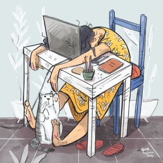 Illustration de l'article : 15 dessins illustrant avec poésie et humour ce qu'était la vie avec un chat pendant le confinement
