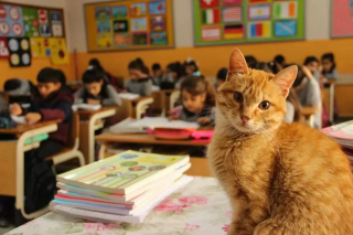 Illustration de l'article : Un chat errant s’invite dans une classe de CE2 et décide de ne plus jamais la quitter
