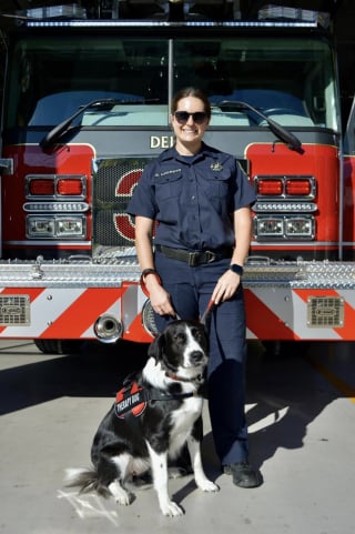 Illustration de l'article : La nouvelle vie d'un chiot victime d'abandon devenu chien de thérapie pour les soldats du feu