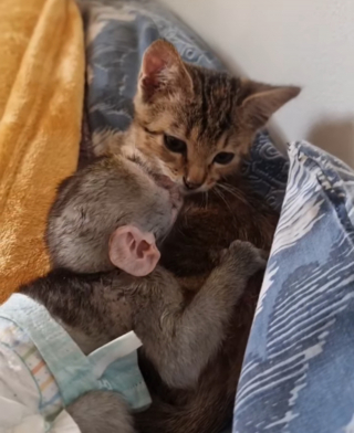 Illustration de l'article : Le récit touchant d'une chatte orpheline qui se prend d'affection pour un singe ayant lui aussi perdu sa mère (vidéo)