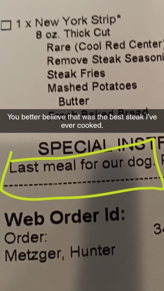 Illustration de l'article : Pour son dernier repas, un chien mourant reçoit un steak préparé avec amour par les employés d’un restaurant plein de compassion