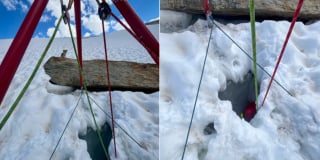 Illustration de l'article : Un homme coincé au fond d'une crevasse est repéré et secouru à temps grâce à son chien resté à ses côtés