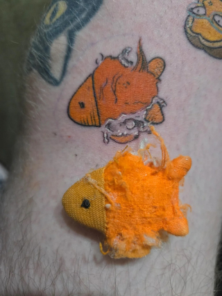 Illustration de l'article : Inspiré par la relation spéciale entre son chat et son jouet préféré, un homme se fait faire un tatouage tendre et inattendu