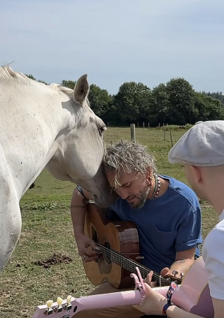 Illustration de l'article : « Regardez ce sourire ! », un cheval curieux s'approche de 2 musiciens et se détend en écoutant leur chanson (vidéo)