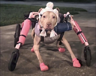 Illustration de l'article : Le chariot rose d’une chienne handicapée est volé, une association lui en offre un nouveau pour qu'elle retrouve sa mobilité