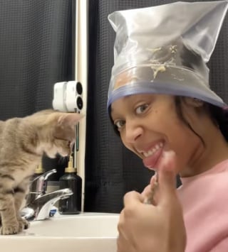 Illustration de l'article : L'astuce d'une propriétaire déposant de la friandise sur son front pour réussir à couper les griffes de son chat