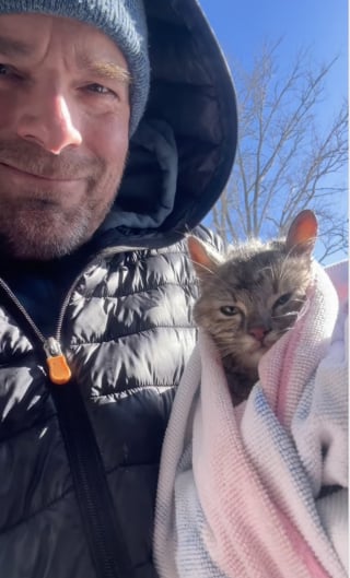 Illustration de l'article : Un homme allergique aux chats sauve un chaton prisonnier de la glace sans imaginer qu'il deviendrait un membre de sa famille