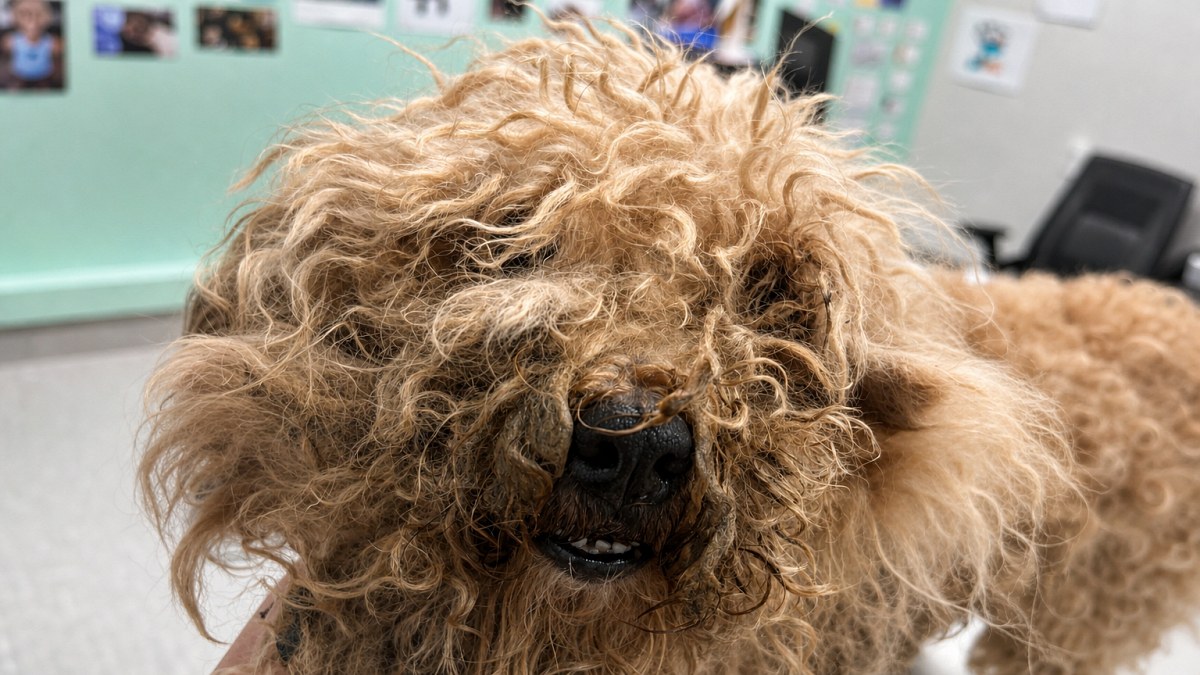Illustration : "Enfermée jour et nuit dans une cuisine à Livry-Gargan (93), cette chienne de 10 ans cachait une terrible souffrance sous son pelage emmêlé"