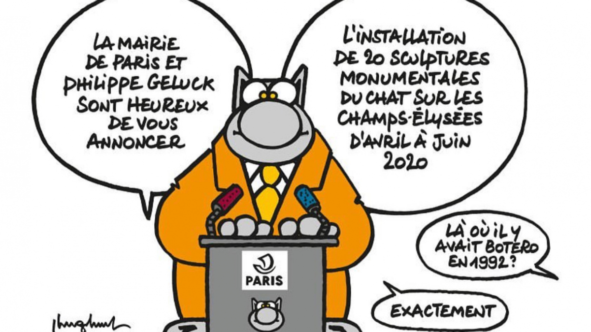 Illustration : "Des statues Le Chat de Philippe Geluck exposées sur les Champs-Elysées en 2020"