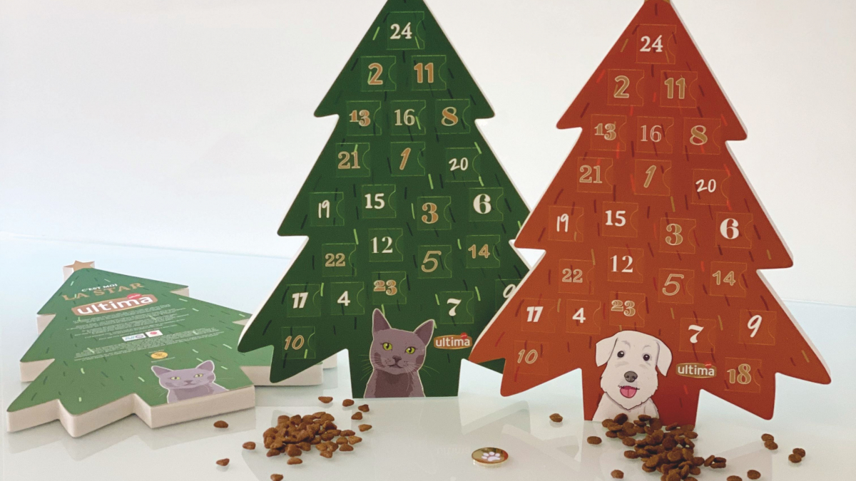 Illustration : "Pour Noël, Ultima lance son calendrier de l'Avent pour chien et chat. Une part des bénéfices reversée à un refuge."