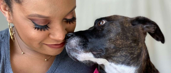 Illustration : "Une femme émue par le regard triste d’un chien maltraité par le passé, tente de lui apporter son aide"
