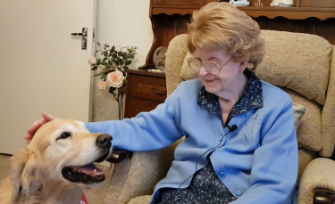 Illustration : "Un Golden Retriever rend visite à une personne âgée pour l'aider à lutter contre la solitude"
