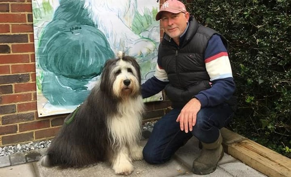 Illustration : "Un homme pris dans les affres du désespoir va de l'avant avec le soutien d'un Bearded Collie"