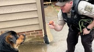 Illustration : Derrière l'image de chien jouant à la balle avec un policier se cache l'histoire d'un drame dans une piscine gelée