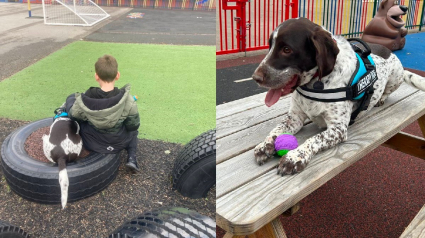Illustration : Un chien de thérapie aide un élève de maternelle atteint d'autisme à prononcer ses premiers mots