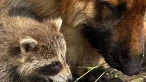 Illustration : "Ce Berger Allemand devient le protecteur inattendu d’un bébé raton laveur venu se réfugier dans son jardin (vidéo)"