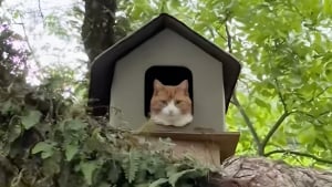 Illustration : "Ce chat qui a sa propre maison dans un arbre équipée d'un escalier fait des jaloux (vidéo)"