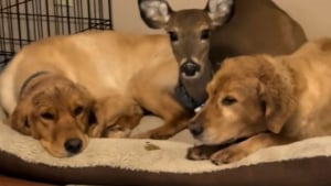 Illustration : Protégé des chasseurs, un jeune cerf trouve refuge auprès d'un duo de chiens et partage leur panier (vidéo)