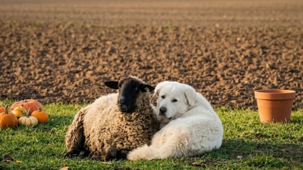Illustration : Quand il ne veille pas sur le troupeau, ce Patou se d&eacute;tend aux c&ocirc;t&eacute;s de son meilleur ami b&eacute;lier au milieu du champ (vid&eacute;o)