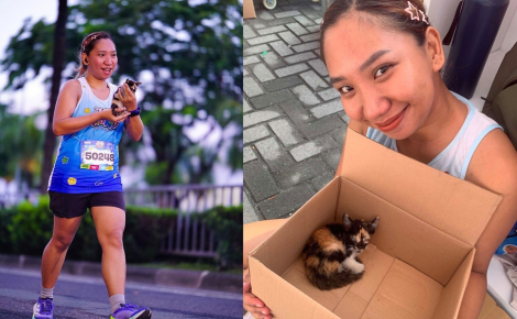 Epuisée lors d'une course à pied, elle découvre un chaton errant et franchit la ligne d'arrivée avec lui avant de l'adopter