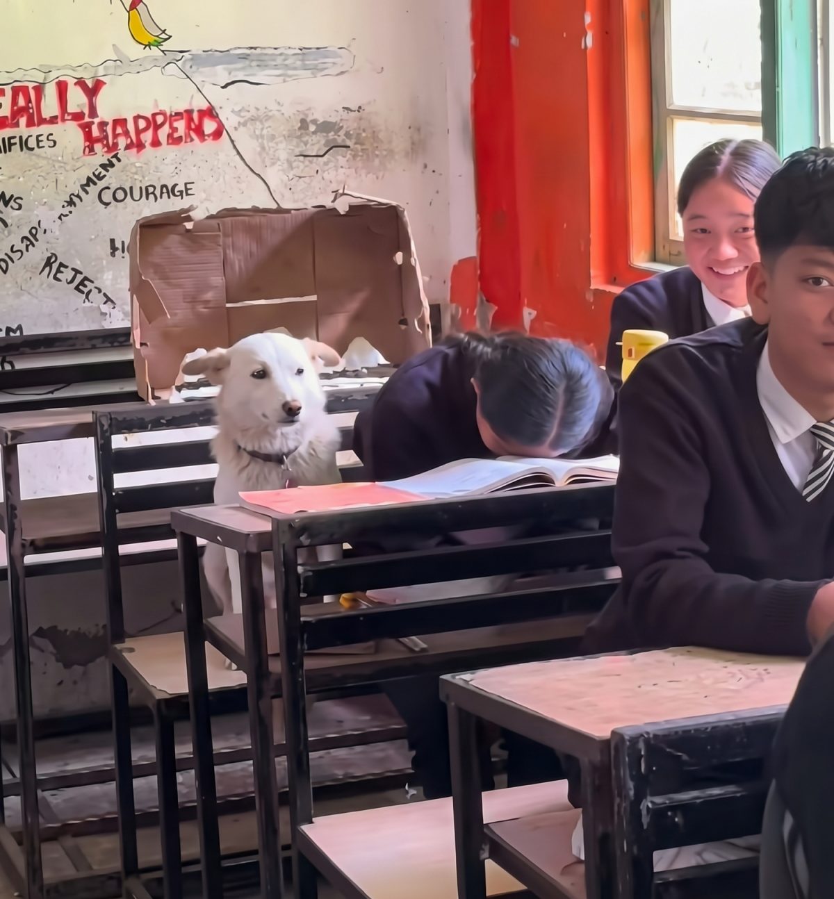 Scampy sagement assis en classe à côté de sa jeune maîtresse