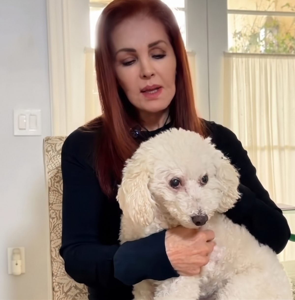 Toby dans les bras de son adoptante, Priscilla Presley