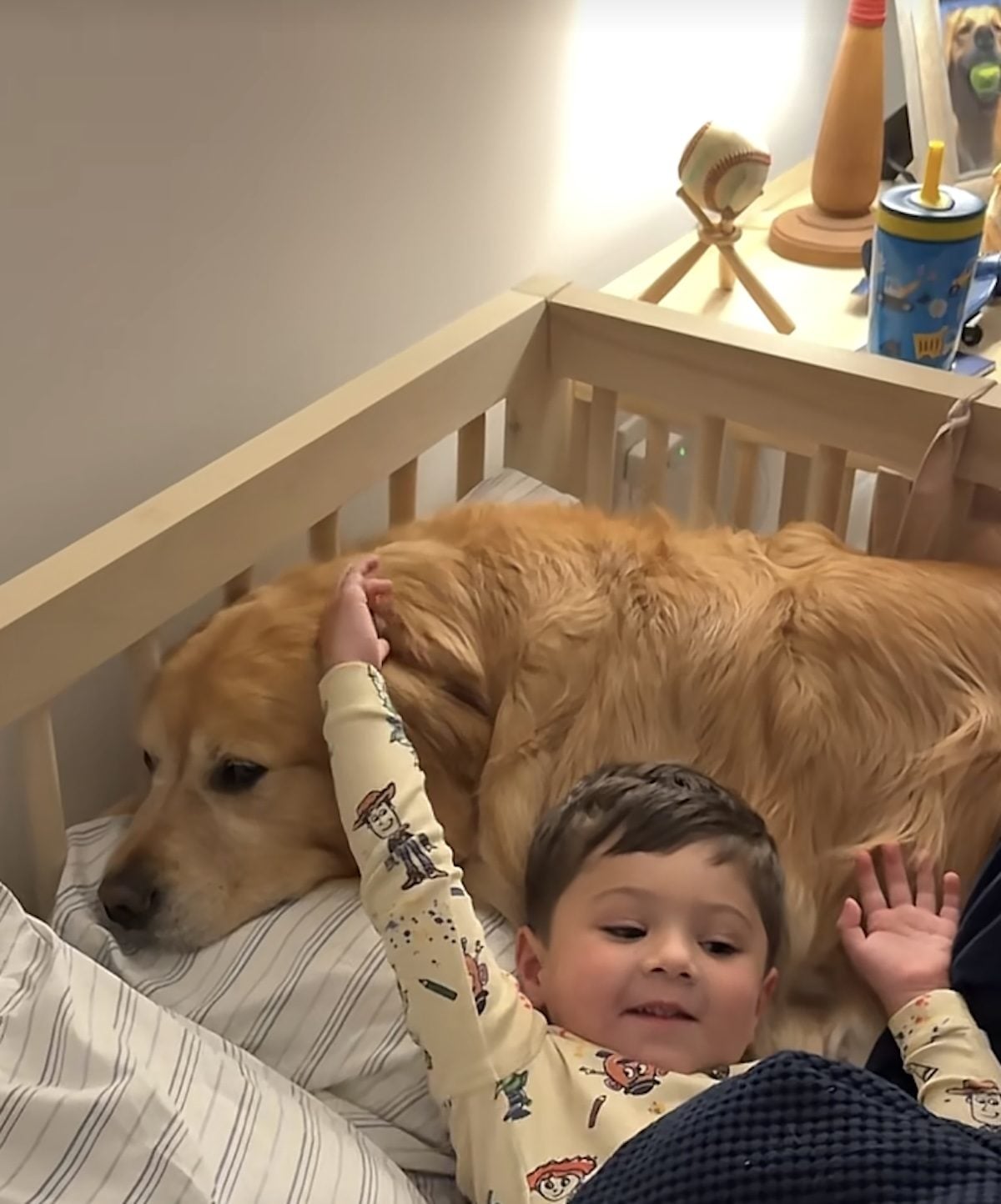 Un petit garçon se met au lit avec son chien