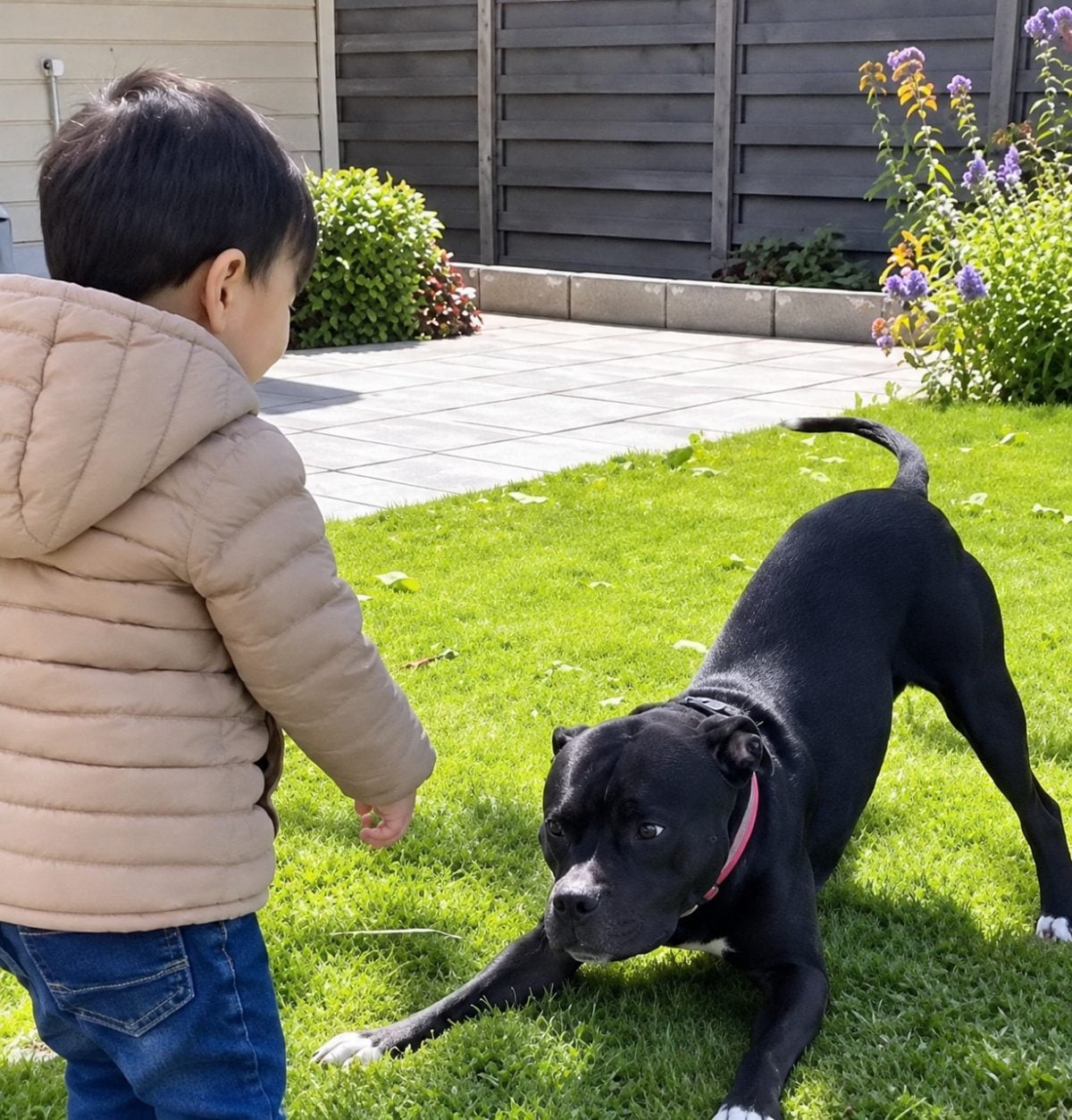 Une chienne jouant avec un enfant