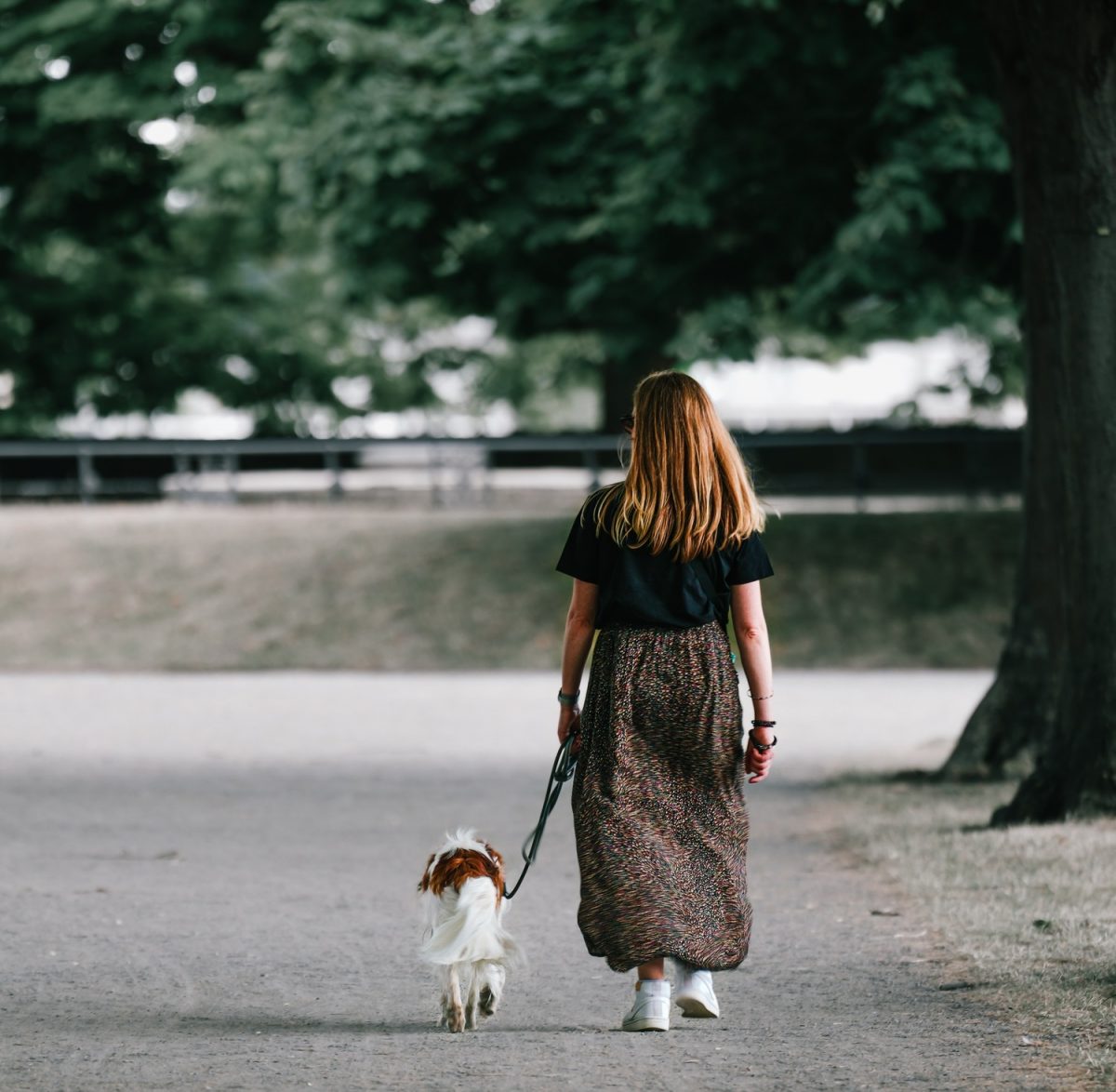 Une femme promenant son chien