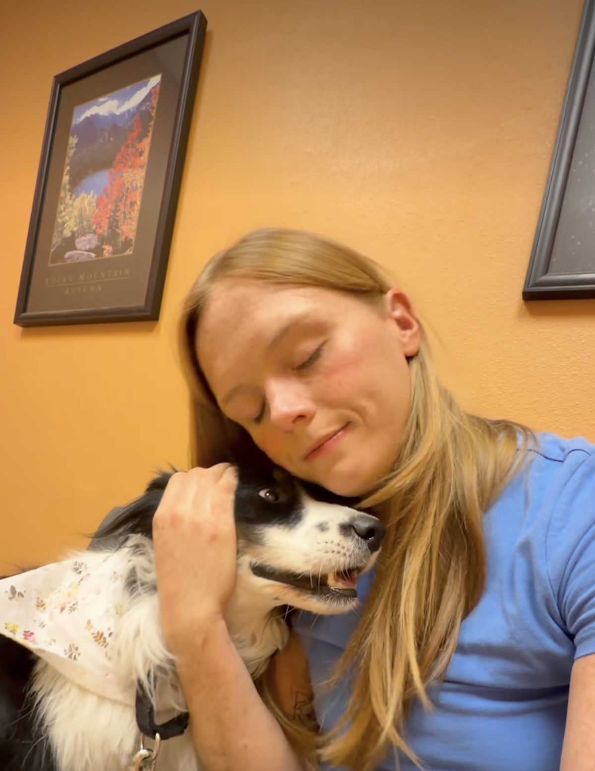 Une femme fait un câlin à un chien