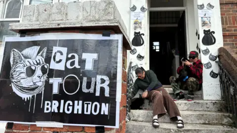 Deux bénévoles assis sur des marches avec deux chats noirs et une affiche punk Cat Tour Brighton
