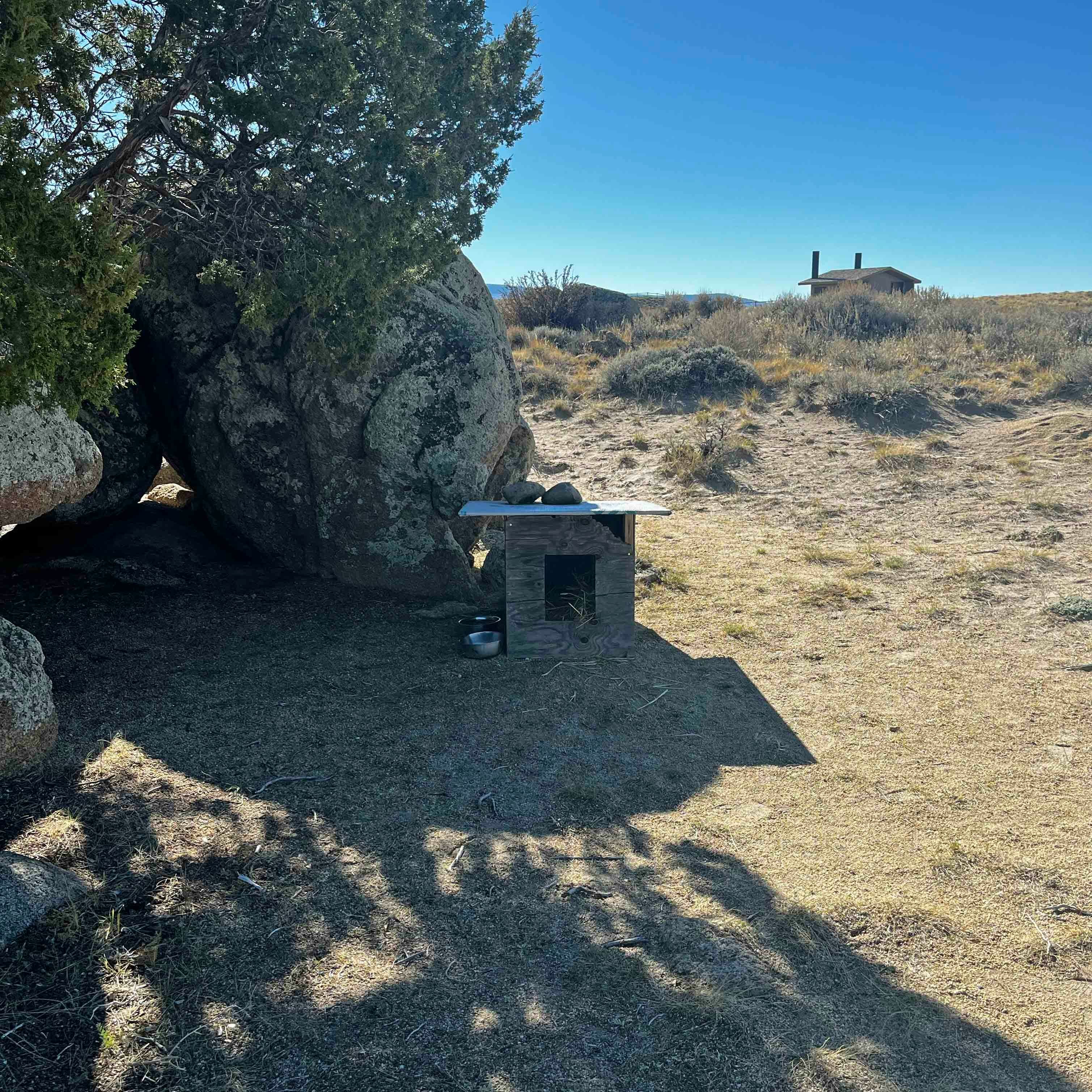 La niche en bois construite par les bénévoles à l'ombre d'un rocher et d'un arbre